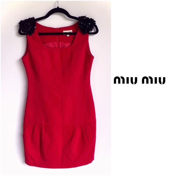 Miu Miu Dresses & Skirts - Miu Miu Red Corduroy Dress with Black Sequence